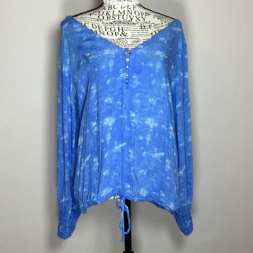 Sky blue floaty peasant top with white open sleeve buttons wench milkmaid L